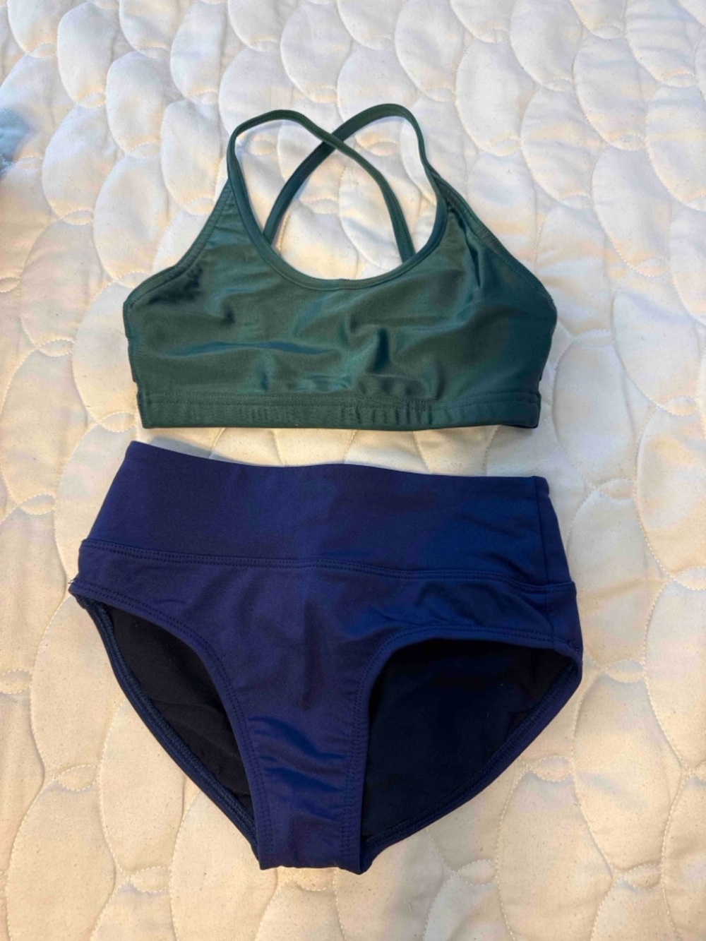 Honeycutt Kids Two-Piece Dance Set in Forest Green Top & Navy Bottoms